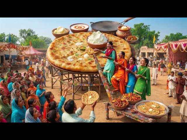 Giant Aloo Paratha Village Party! 🥘🔥😍 Huge Paratha Making Competition!