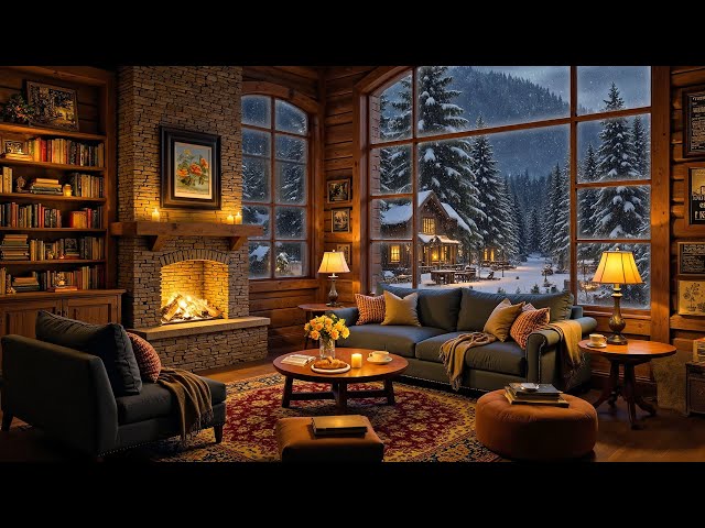 Soft Jazz Music & Crackling Fireplace ⛄ Cozy Cabin Ambience with Relaxing Jazz to Work & Study