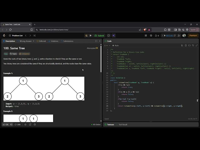 100. Same Tree | LeetCode 100 Solution in C++ | Recursive Binary Tree Comparison