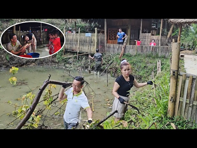 Hue and Dung cleaned the pond and caught fish to cook a meal with the children.