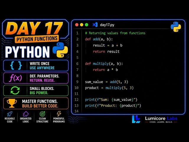 Python Functions Explained: def, parameters & return (Lumicore Labs - Day 17)