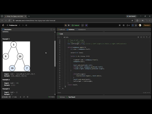 Binary Tree Zigzag Level Order Traversal | LeetCode 103 | C++ | BFS Queue Approach