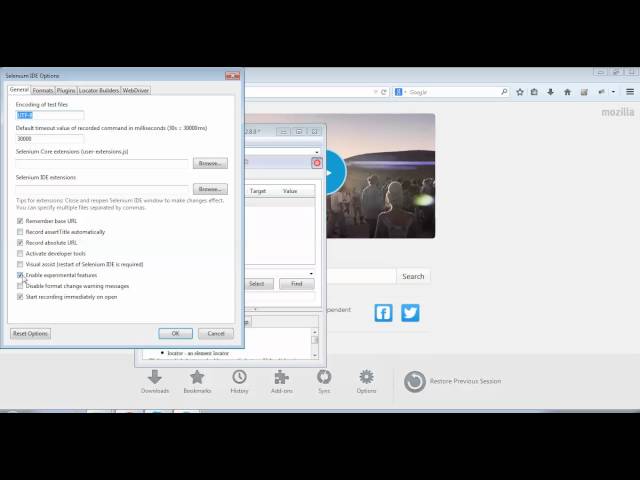 Selenium IDE Settings (Enable Experimental Features)