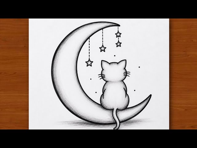 Easy Cat on Moon Drawing 🐱 | Simple Pencil Sketch | Aesthetic Moon Drawing Tutorial |Drawing drawing