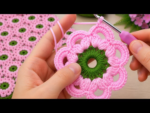 The Prettiest Pink & Green Crochet Motif 🌸 Easy Tutorial HD #Crochet #CrochetMotif #CrochetFlower