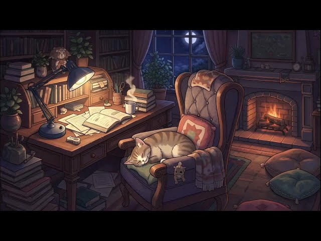 Calm Evening Vibes 🌙 Cozy Cat Lofi with Books & Candle Glow