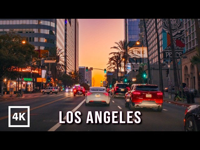 Driving Los Angeles Sunset 4K - Downtown LA to Hollywood