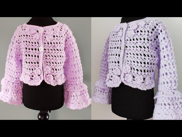 Crochet #116 How to crochet bell sleeve cardigan for girls ( 1-7 years sizes)