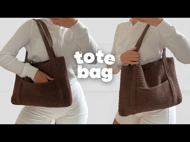 Crochet Simple Tote Bag With Pocket Tutorial | Crochet back to school bag