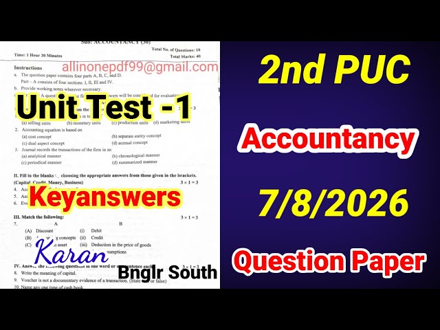  2nd PUC Accountancy Unit Test 1 Question Paper 2026 with Answers