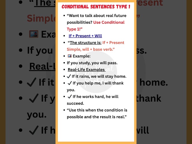 Conditional Sentences Type 1 | If + Present Simple + Will | Easy Examples