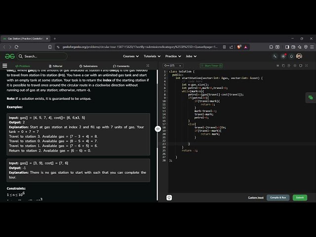 Gas Station | GeeksforGeeks GFG Solution in C++ | Circular Tour | Queue | DSA