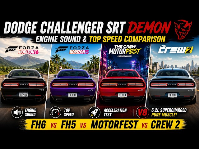 Dodge Challenger SRT Demon - Engine Sound & Top Speed Comparison | FH6 Vs FH5 Vs Motorfest Vs Crew 2