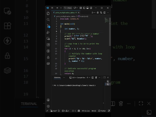 C Program to Print Multiplication Table  For Loop Explained for Beginners #cprogramming  #coding