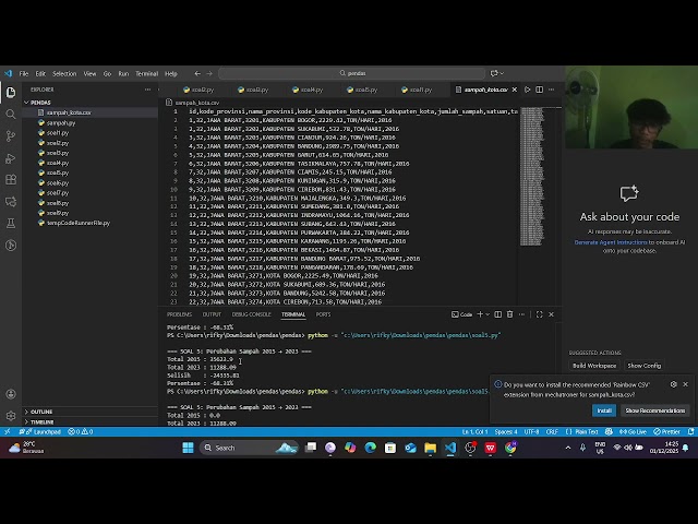 Penjelasan tugas pandas menggunakan visual studio code 