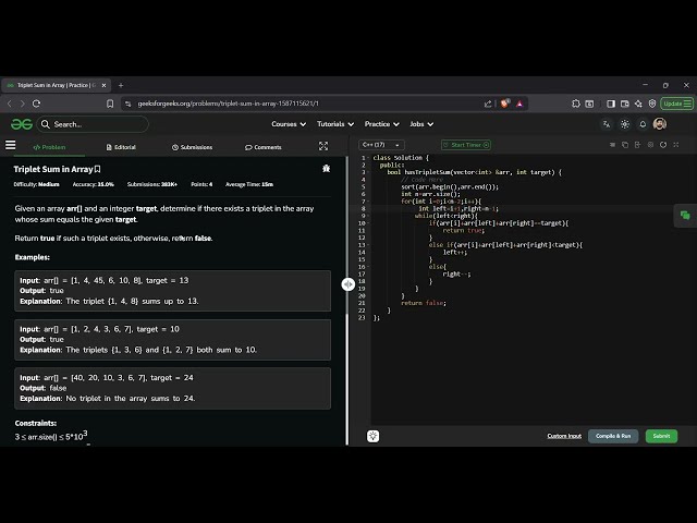 Triplet Sum in Array | GFG Solution in C++ | Two Pointer Approach