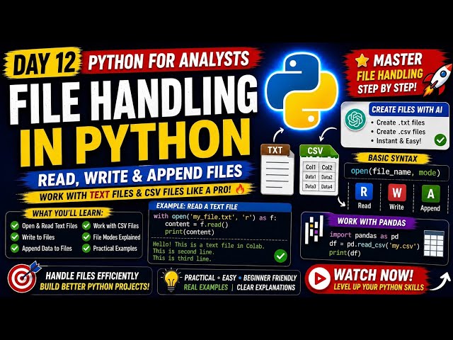 Day-12 Python File Handling Tutorial  | Read, Write & Append Files in Python |  Python for Beginners
