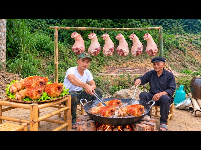 Crispy Fried Pork Trotters - Cooking in a Large Pan | Traditional Wood-Fired Cooking Method