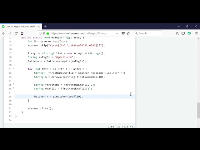 Day 28: RegEx, Patterns, and Intro to Databases | HackerRank | JAVA