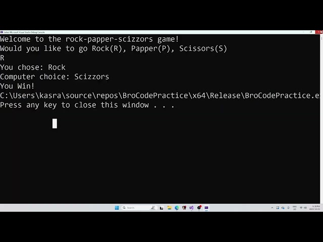 Rock Paper Scissors game i made in c++ with Bro Codes help.