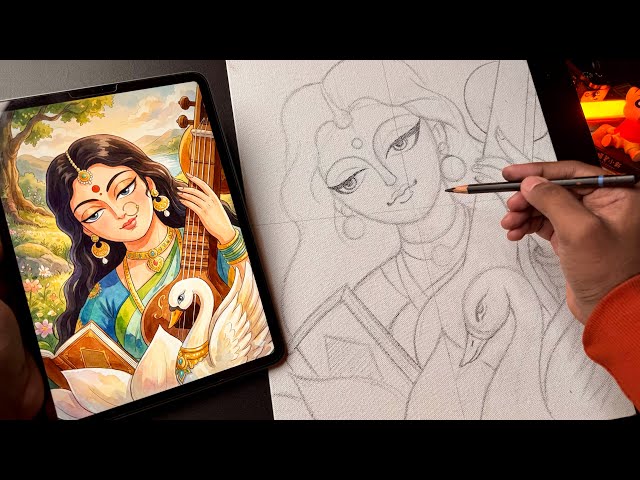 Saraswati Devi Drawing,  Madhubani Art,  Outline Tutorial 😍