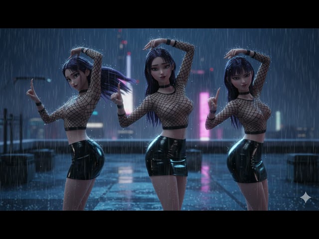 KPop Demon Hunters 2 Huntrix perform a slow, sensual group twirl, completely embraced by the rain