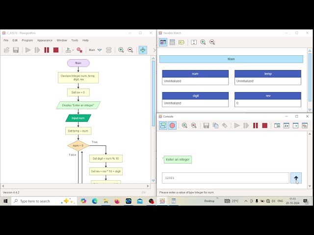 flowchart - reverse number and check number palindrome or not