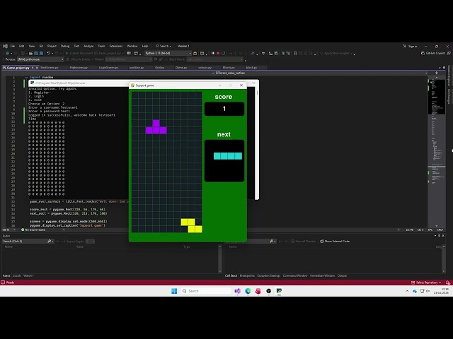 AQA A-level computer science 7517 project test 1, Support Tetris Game - Student Max Jones 1093