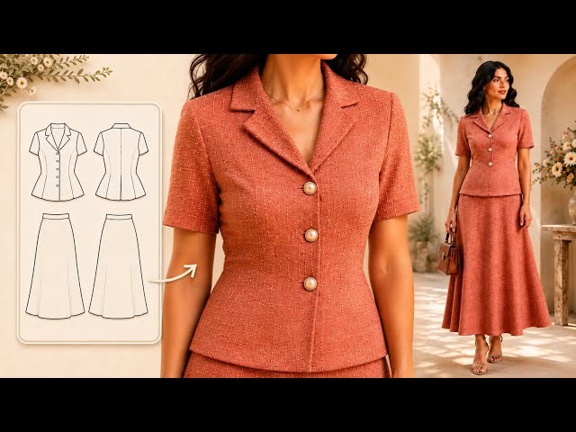 Easy Sewing Pattern 🧵✂️ for English Collar Jacket & Skirt ✂️ | Easy Step-by-Step Sewing Tutorial