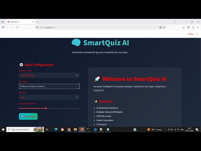 SmartQuiz AI Project using Python + Streamlit  + Groq AI + LangChain | Generative AI Project