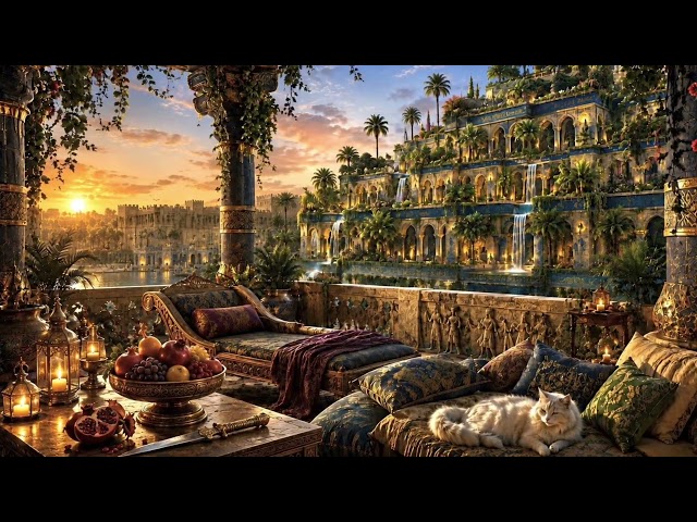 Relaxing Terrace by the Hanging Gardens of Babylon 🌿 Ancient Mesopotamian Music & Waterfall Ambience
