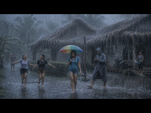 CAUGHT IN HEAVY RAIN! 🌧️ Walking Through an Indonesian Village | Relaxing Rain Sounds