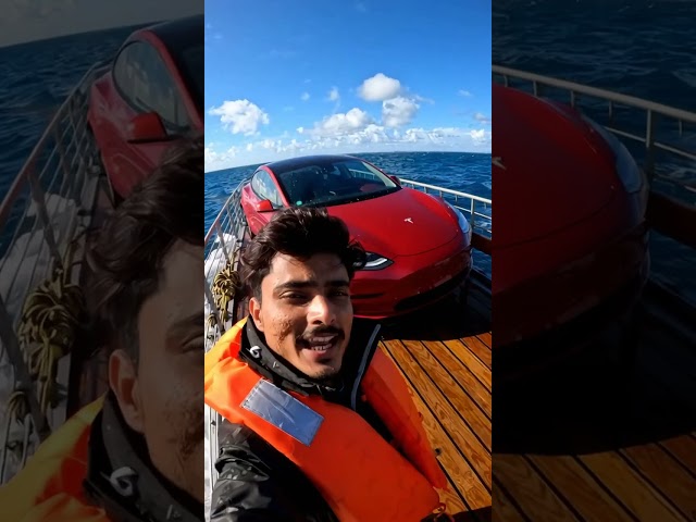 Container ke andar Tesla car ⛴️🌊😱 #ocean #shipvlog #sea #shorts #tesla #sora2 #aivlog #ship ￼