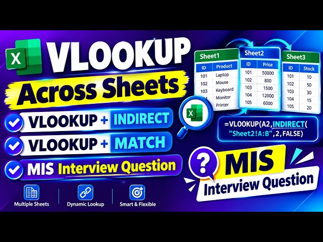 VLOOKUP Across Sheets  VLOOKUP + INDIRECT  VLOOKUP MATCH  MIS Interview Question