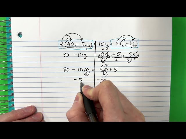 Algebra I STAAR 2022: Question 51: Solving for a Variable / Multi-Step Equations 2(40-5y)=10y+5(1-y)