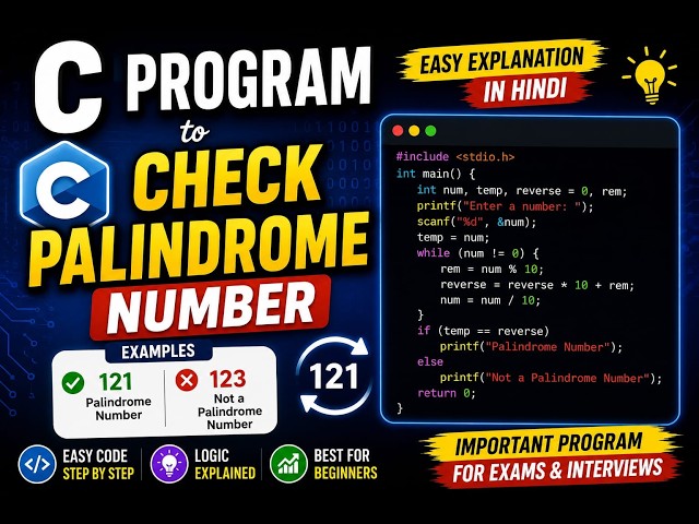 C Program to Check Palindrome Number | Easy Hindi Explanation | C Programming