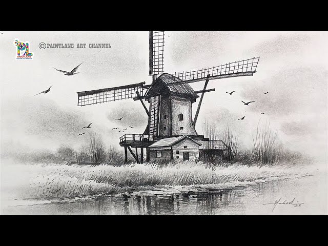Beautiful Pencil Drawing of Windmill | Realistic Landscape Sketch | Easy Drawing Tutorial