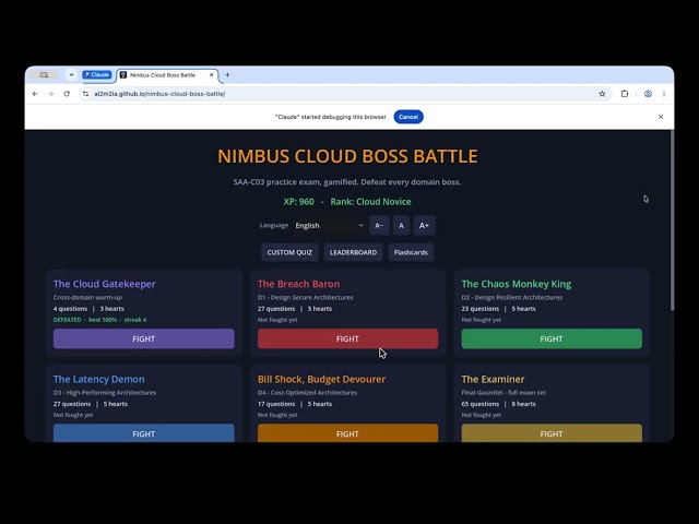 Nimbus Cloud Boss Battle — Watching an AI Fight the SAA-C03 Practice Exam | Gameplay