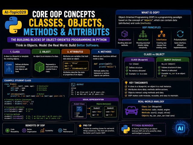 AI-Topic029 | Core OOP Concepts - Classes, Objects, Methods & Attributes | AI
