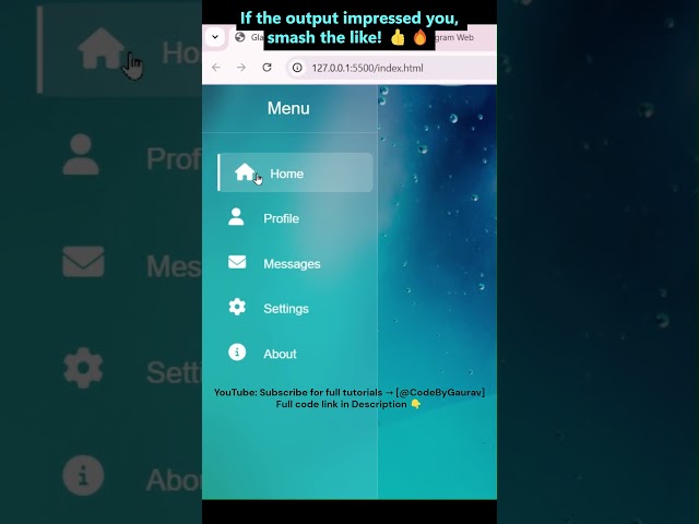 🔥 Glassmorphism Sidebar Menu Using HTML & CSS #webdevelopment #sidebar #menu #shorts
