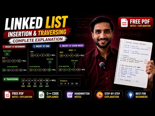 Linked List Insertion & Traversing in Data Structure | Beginner to Advanced | FREE PDF Notes 🔥