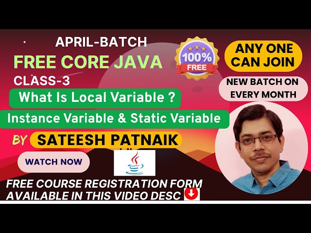 Free Core Java Class 3 | Local Variable | Instance Variable | Static Variable | Class Variable | Apr