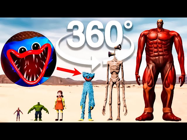 VR 360° Tallest character size comparison - Huggy Wuggy Siren Head Titan Hulk
