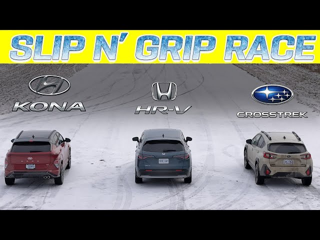 ¡Batalla de nieve AWD CUV! Subaru Crosstrek E-Boxer vs Honda HR-V AWD vs Hyundai Kona Nline Race.