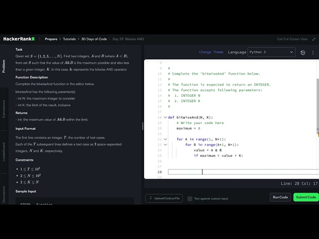 HackerRank Python 30 Days of Code - Day 29: Bitwise AND