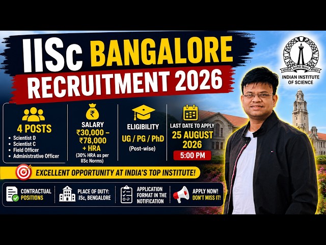 IISc Bangalore Recruitment 2026 🚨 | 4 Posts | ₹30K–₹78K + HRA | UG/PG/PhD | Apply Now!