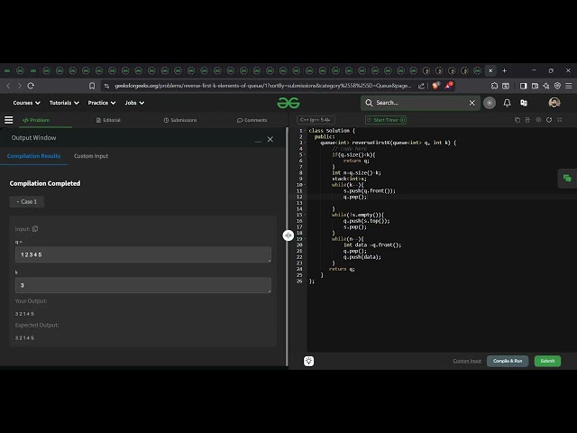 Reverse First K Elements of a Queue | GFG Solution in C++ (Using Stack)