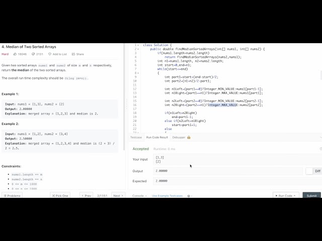 Median of Two Sorted Arrays in O(log(m+n) in Hindi | LeetCode 4 | Top Interview Questions