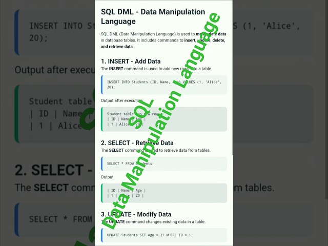 SQL DML Explained FAST! | INSERT, SELECT, UPDATE, DELETE with Example & Output 💻