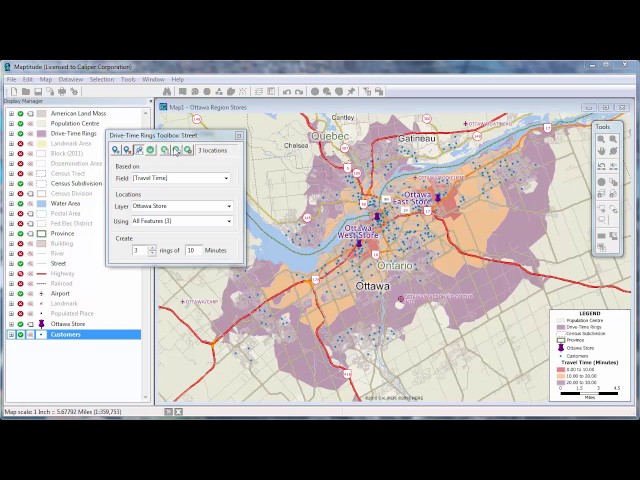 Maptitude 2017 Drive time rings, drive time zones, travel time zones